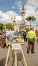 QUITO, ECUADOR, JANUARY 11, 2018: Close up of photographies over a wooden structure at outdoors in plaza grande with Royalty Free Stock Photo