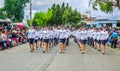 Quito, Ecuador - January 31, 2018: Outdoor view of unidentified group of women wearing a police uniform and walking in