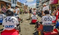 QUITO, ECUADOR - JANUARY 31, 2018: Unidentified boys racing a wooden car in the streets of city of Quito, back view