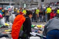 QUITO, ECUADOR - JULY 7, 2015: After pope Francisco mass, people getting out of the place, girl with an orange backpack