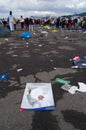 QUITO, ECUADOR - JULY 7, 2015: Pope Francisco poster on the floor after his mass on Quito, people very far walking to