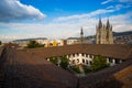 QUITO, ECUADOR- MAY 23, 2017: Beautiful view of the Basilica of the National Vow, over a roofs, Basilica is a Roman