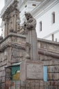 QUITO, ECUADOR NOVEMBER, 28, 2017: Beautiful outdoor view of a stoned statue of Fray Jodoco Ricke at historical center