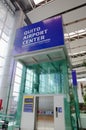 Quito, Ecuador - November 23 2017: Below view of informative sign of Quito airport center written with white letters in