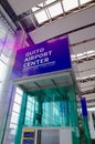 Quito, Ecuador - November 23 2017: Below view of informative sign of Quito airport center written with white letters in