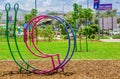 QUITO, ECUADOR- NOVEMBER, 27, 2017: Close up of beautiful outdoor view of metallic public children games estructures in