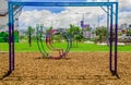 QUITO, ECUADOR- NOVEMBER, 27, 2017: Close up of beautiful outdoor view of metallic public children games estructures in