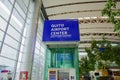 Quito, Ecuador - November 23 2017: Close up of informative sign of Quito airport center written with white letters in a