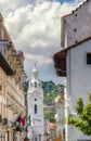 Street view with the Church of El Sagrario in historic old city Quito, Ecuador