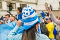 QUITO, ECUADOR - OCTOBER 11, 2017: Close up of Argentina woman fan wearing a soccer hat and football shirt and Royalty Free Stock Photo