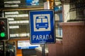 QUITO, ECUADOR - OCTOBER 23, 2017: Informative sign of bus stop at outdoors if the city of Quito, Ecuador