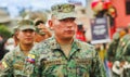 Quito, Ecuador - September, 03, 2018: Unidentified man wearing military uniform during the diablada festival