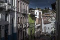 Quito street at sunset, old downtown Royalty Free Stock Photo