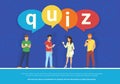 Quiz flat concept vector illustration of young people using mobile smartphone