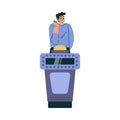 Quiz Game with Young Man Participant at Button Stand Vector Illustration