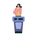 Quiz Game with Young Woman Participant at Button Stand Vector Illustration