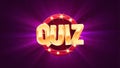 Quiz golden text on retro illuminated board vector banner. Trivia night isolated design elements