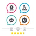 Quiz icons. Speech bubble with check mark symbol. Royalty Free Stock Photo