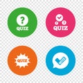 Quiz icons. Speech bubble with check mark symbol. Royalty Free Stock Photo