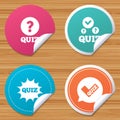 Quiz icons. Speech bubble with check mark symbol. Royalty Free Stock Photo