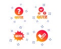 Quiz icons. Speech bubble with check mark symbol. Vector Royalty Free Stock Photo