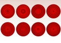 Eight red circles with concentric patterns isolated on white background Royalty Free Stock Photo