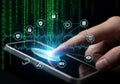 Fingerprint scan on smartphone screen with digital network security icons Royalty Free Stock Photo