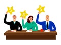 Quiz jury. Competition judge group sitting at table and show opinion scorecards vector illustration