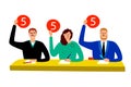 Quiz jury. Competition judge group sitting at table, estimate and show opinion scorecards vector illustration