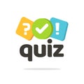 Quiz logo icon vector symbol, flat cartoon bubble speeches with question and check mark signs as competition game or