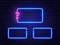 Quiz neon banner set. Glowing question mark. Color neon frames on brick wall. Realistic bright night signboard. Shining