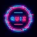 Quiz neon signboard. Glitch circle frame. Play game concept. Exam design. Glowing effect banner. Vector illustration