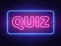 Quiz neon text banner on brick wall. Questions team game. Quiz night poster. Pub neon signboard. Night bright