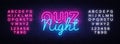 Quiz night announcement poster vector design template. Quiz night neon signboard, light banner. Pub quiz held in pub or