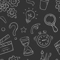 Quiz seamless pattern in doodle style, vector illustration. Back to school concept, stationery symbols on chalk board Royalty Free Stock Photo
