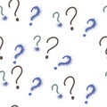 Quiz seamless pattern. Question marks, doubt, faq background. Simple endless repeating motif. Poll, survey
