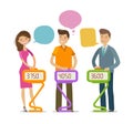 Quiz show, answer question. Players stand and press button. Cartoon vector illustration