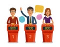 Quiz show, game concept. Players answering questions standing at stand with buttons. Vector flat illustration