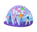 Quiz show TV-studio with host and contestants. Screen, stands and lights. Colorful flat vector illustration. Isolated on