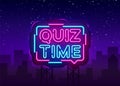 Quiz Time announcement poster neon signboard vector. Pub Quiz vintage styled neon glowing letters shining, Light Banner