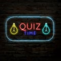 Quiz time neon logo symbol. Quiz pub poster or banner template for night or bar party