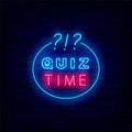 Quiz time neon sign. Play game concept. Exam design. Blue circle frame. Glowing effect banner. Vector stock illustration