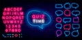 Quiz time neon sign. Shiny pink alphabet. Speech bubbles collection. Exam concept. Vector stock illustration