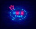 Quiz time neon sign in speech bubble. Exam concept. Outer glowing effect banner. Vector stock illustration