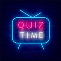 Quiz time neon signboard. Blue tv frame. Play game concept. Exam design. Editable stroke. Vector stock illustration