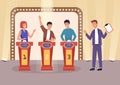 Quiz TV show flat vector illustration. People cartoon characters playing television game show, answering questions and