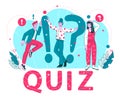 Quiz word and people with question marks a concept of questionnaire show, vector