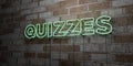 QUIZZES - Glowing Neon Sign on stonework wall - 3D rendered royalty free stock illustration