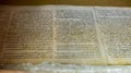 Panoramic view of Dead Sea Scrolls on display at the caves of Qumran. They consist biblical and non-biblical manuscripts