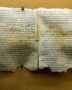 Panoramic view of Dead Sea Scrolls on display at the caves of Qumran. They consist biblical and non-biblical manuscripts